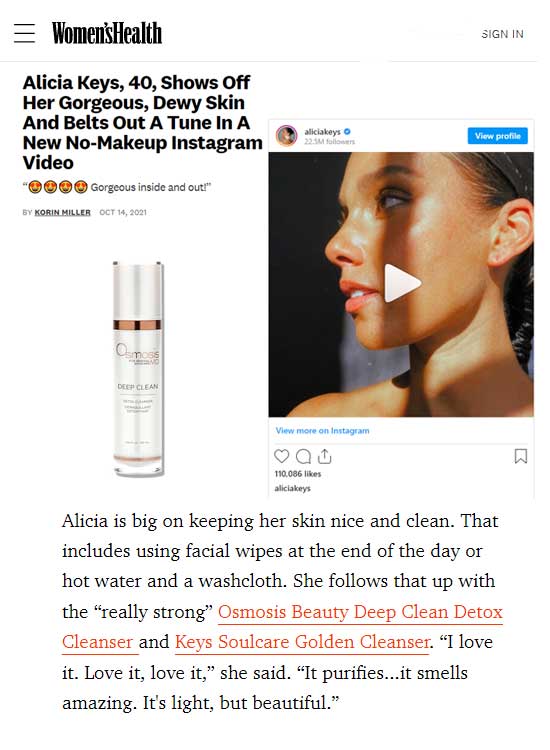 Womens Health magazine feature on Alicia Keys skincare featuring Osmosis Deep Clean Cleanser