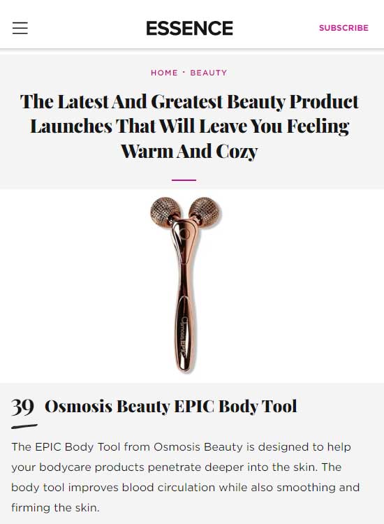 Osmosis EPIC Body Tool featured on Essence article about the latest and greatest product launches