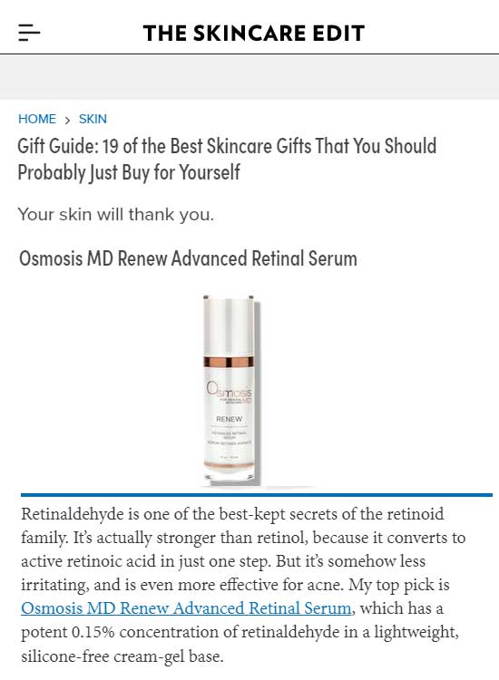 Osmosis Renew featured in The Skincare Edit as Best Gifts to Buy Yourself