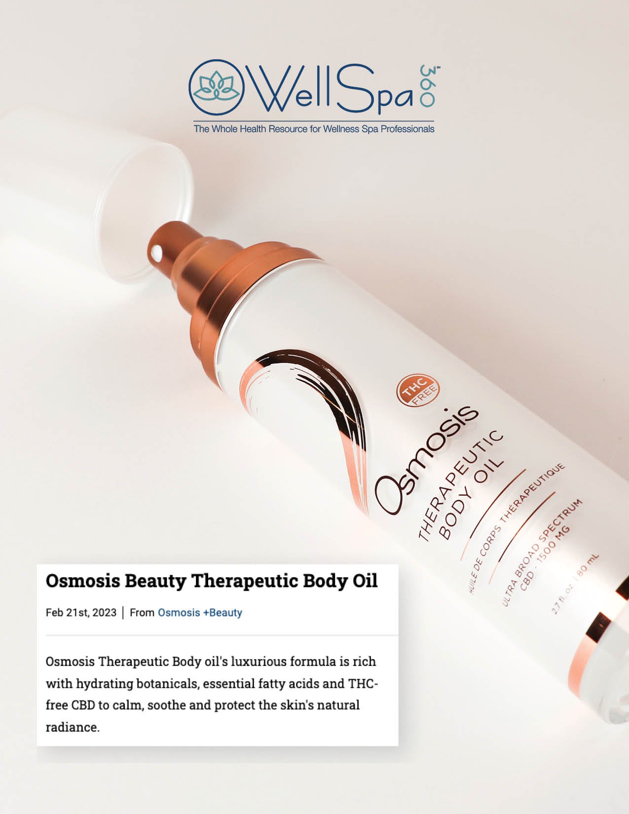 WellSpa 360 featured the Therapeutic Body Oil in their products section.