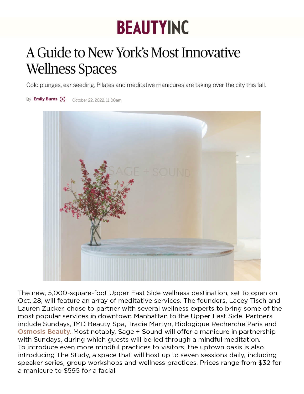 Osmosis Beauty was mentioned in this story on WWD about Sage + Sound as one of New Yorks most innovative wellness spaces